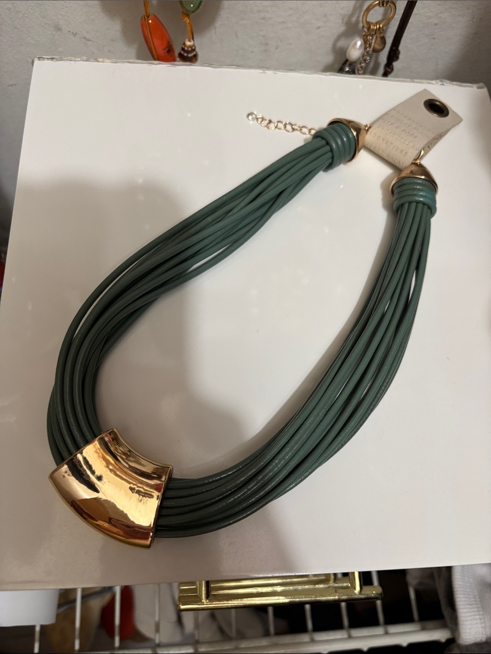 Anthropologie Green Multi-Strand Statement Necklace with Gold Accent